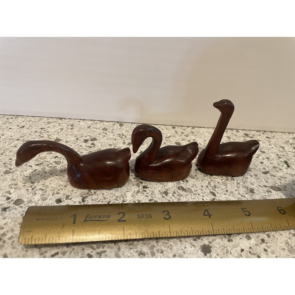 MCM Hand Carved Swans Bird Small Wood Figurines Set Of 3